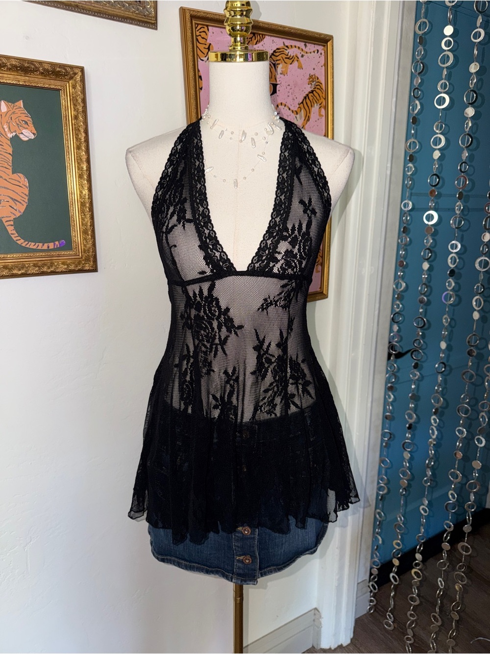 Y2K Sheer Lace Halter Babydoll Chemise - Black